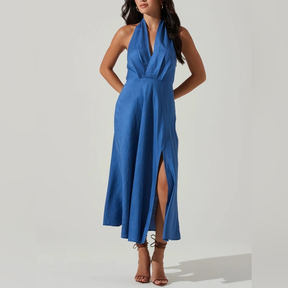 ASTR Keava Halter Midi Dress Linen Blend Blue Sz S
